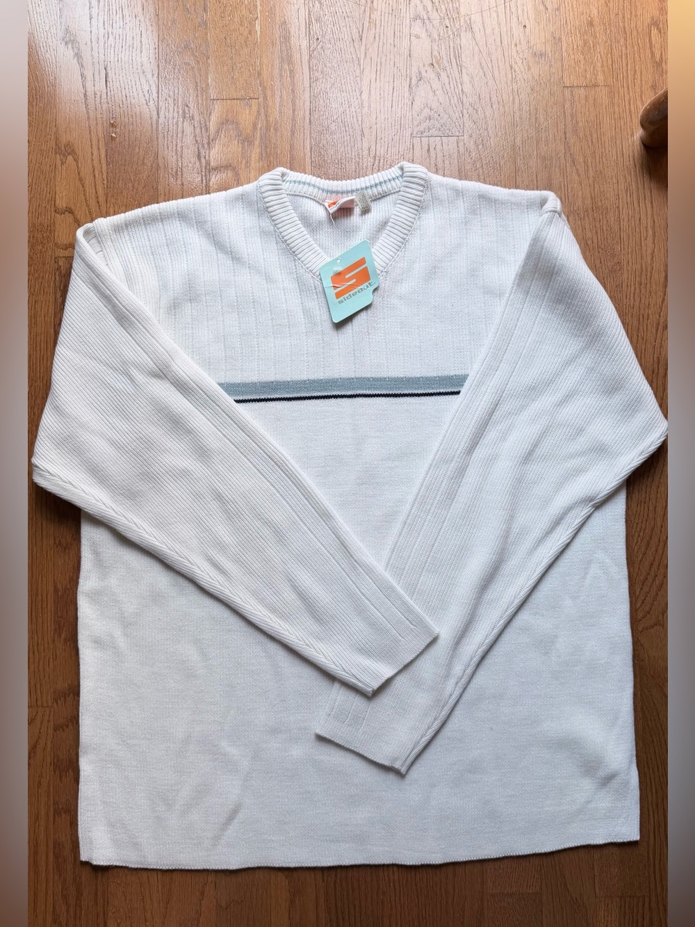 Men's White V-Neck Sweater with Chest Stripe